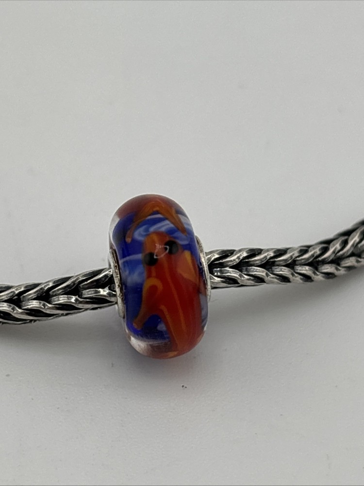 Trollbeads Red Orange Koi Goldfish Bead, Blue/White Base, New #745