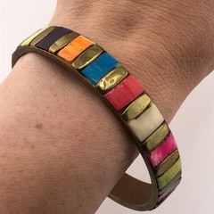 Brass Bangle Bracelet Colourful Shell Inlay Stacking Retro Christmas Boho