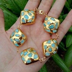 Natural Blue Larimar Gold Plated Edge Beaded Bracelet Fashion Jewelry Gift