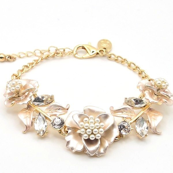 Charming Charlie Gold Tone Floral Bracelet Faux Pearls Crystals Adjustable Chain