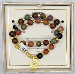 SHIVAM Genuine Gemstone Jasper Brass Tree Life Charm Stretch 2 Bracelets New