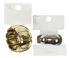 (2) Chunky Cuff Bracelets: Rhodium Smooth Hinge Cuff & Chunky Gold Tone Stretch