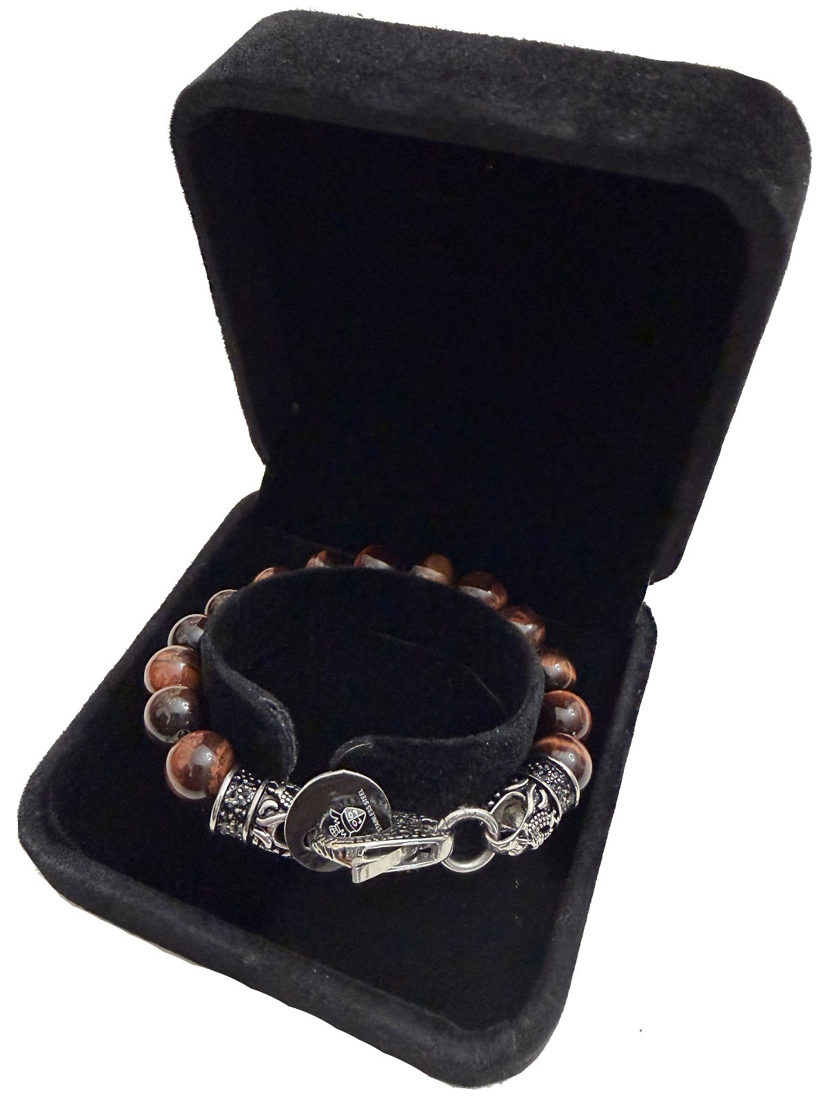 BlackJack Genuine Tiger Eye S. Steel Beaded Cubic Zirconia 8" Bracelet Men NEW gallery