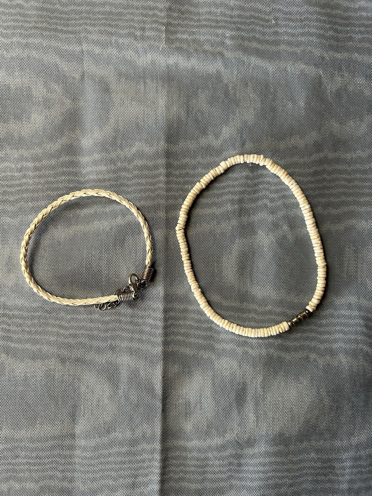 2 Vintage White Bracelets Puka Shell & Braided Cord 9 3/8 & 9 4/8” length