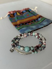 Boho Double Wrap Beaded Bracelet With Silver Bar And Flower Charm