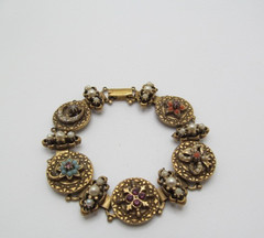 Vintage Solid Brass Jeweled Coral Turquoise & White Round Link Station Bracelet