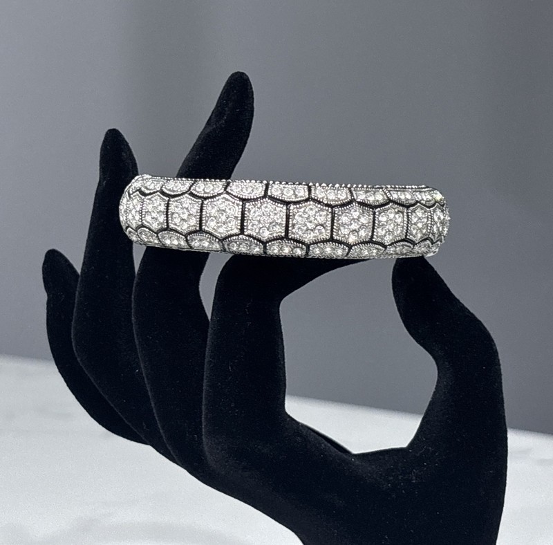 Rhinestone Bracelet Silver Tone Black Enamel Hinged Bangle Honeycomb 7.5" gallery
