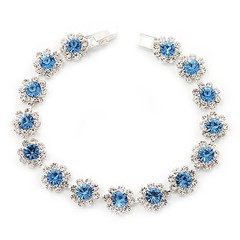 Light Blue /Clear Swarovski Crystal Floral Bracelet In Rhodium Plated Metal –