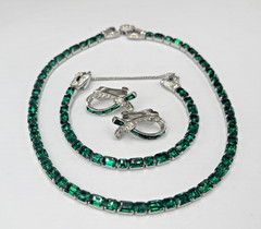 Mazer Bros Rhodium Green Faceted Rhinestone Necklace * Bracelet * Earrings Set