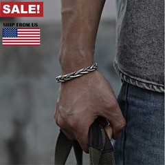 Men 925 Sterling Silver Thai Handmade Vintage Open Bangle Twisted Cuff Bracelet