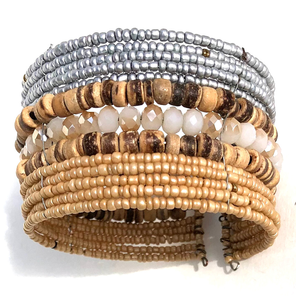 wide cuff bracelet beaded wire natural tan gray silver seed beads boho casual
