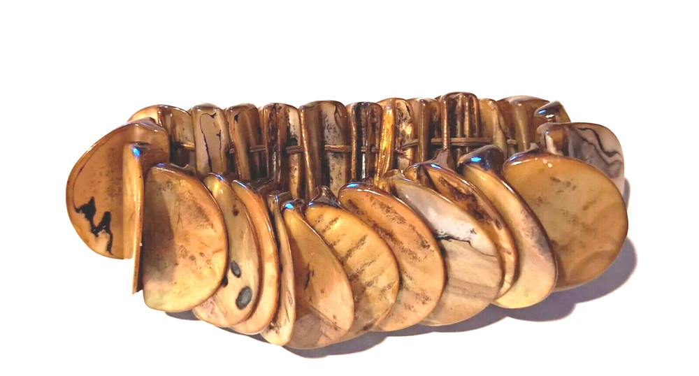 Natural Abalone Bracelet Iridescent Tan Stretch Wide Bangle