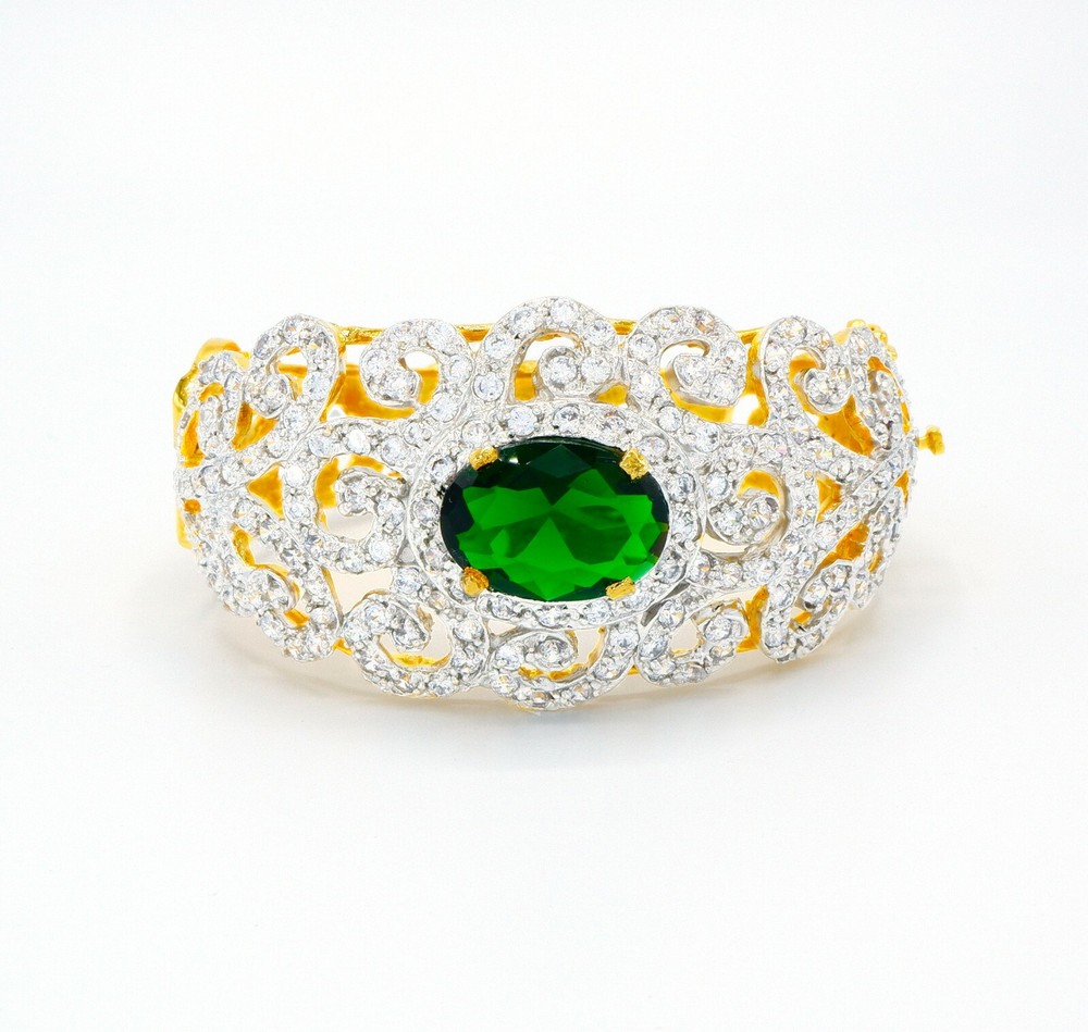 Green CZ Gold Bangle Bracelet 22K 23K 24K Gold Baht Thai Jewelry Wedding Women