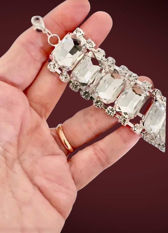 1.1/8" Wide Clear Crystals Rhinestones Evening Pageant Glam Bracelet gallery