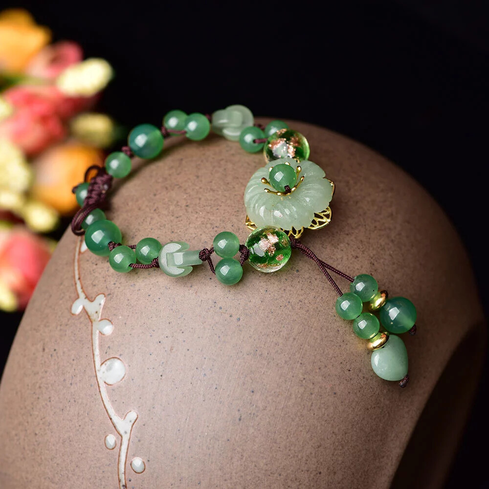 Natural Adjustable Bracelet Jewellery Green Jade Dongling Flower Knitted Amulet gallery