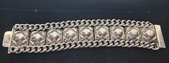 VTG Silvertone Cuff Bracelet With Domed Bullet Links & Chain Possibly Taxco 7.5″