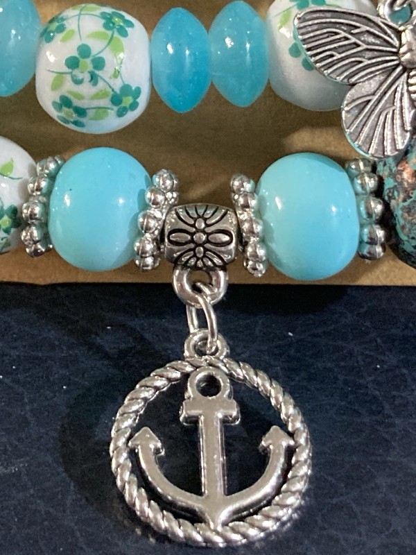 Turquoise Glass Beaded Stacking Bracelet~Anchor~Elephant~Butterfly Charm Stretch gallery