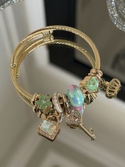 LuxeTreasures Gold Bangle Mint Green Key Crown Lock Charms bracelet gift ready