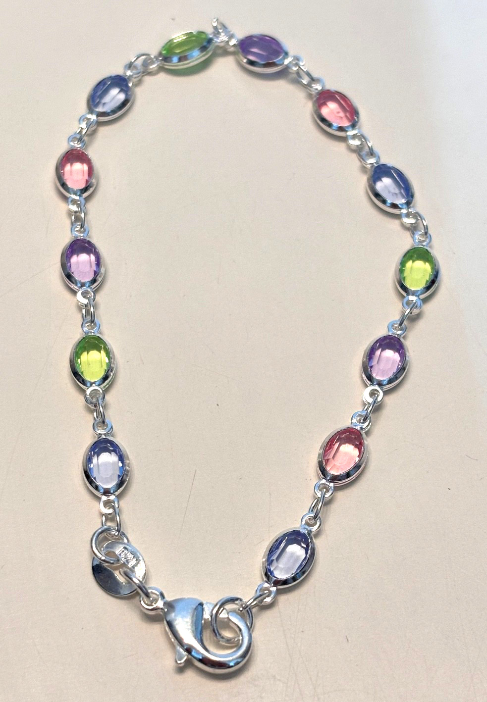 White Gold Plated Multi colored Pastel Crystal Bracelet 7" gallery