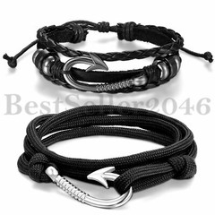 2pcs Nautical Fish Hook Bracelet Womens Mens Multilayer Leather Nylon Wristband