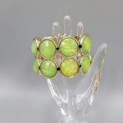 Green Foil Accent Statement Wide Cuff Bracelet Gold tone Stretch Elastic 6.5″