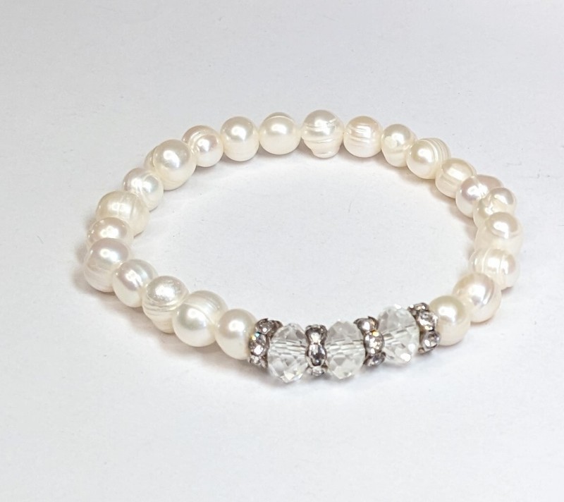 Freshwater Pearl Bracelet Stretch Beaded Bracelet Clear White Birthstone April gallery
