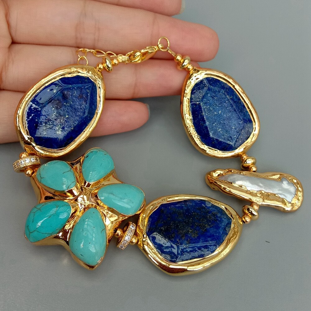 8" Blue Lapis Turquoise Flower White Biwa Pearl With Electroplated Edge Bracelet gallery