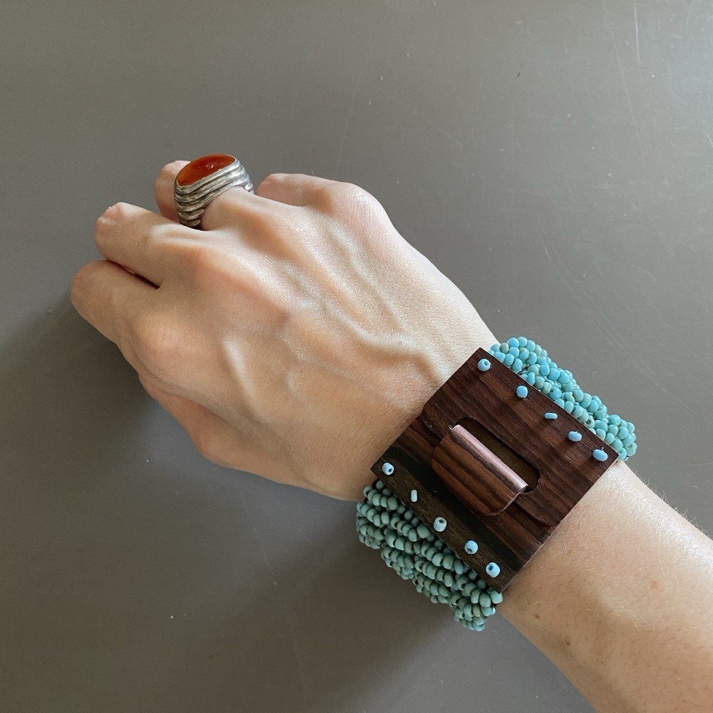 Turquoise Blue Glass Seed Bead Wood Stretch Bracelet Boho 4.5 cm Wide 21 cm Long