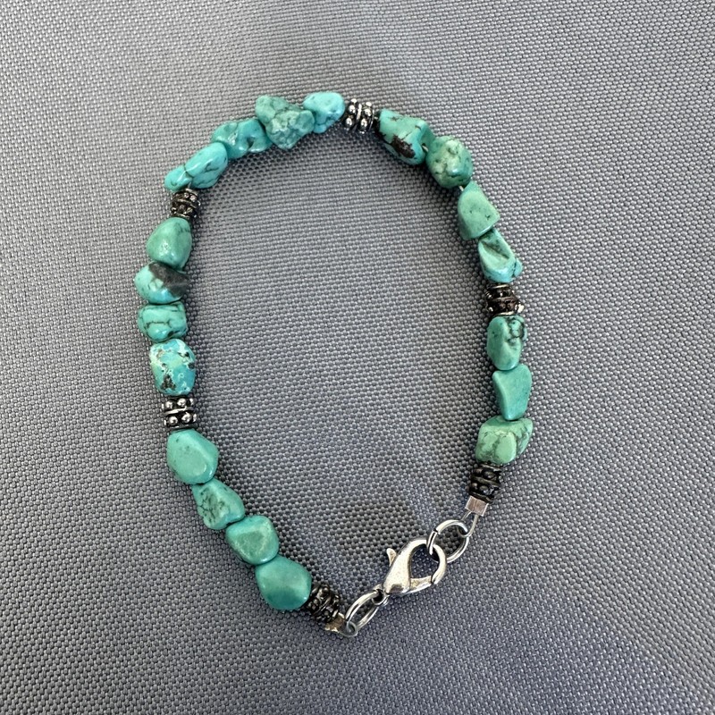 Turquoise Stone Nugget Bead Bracelet Silver Tone Spacer Beads Lobster Clasp gallery