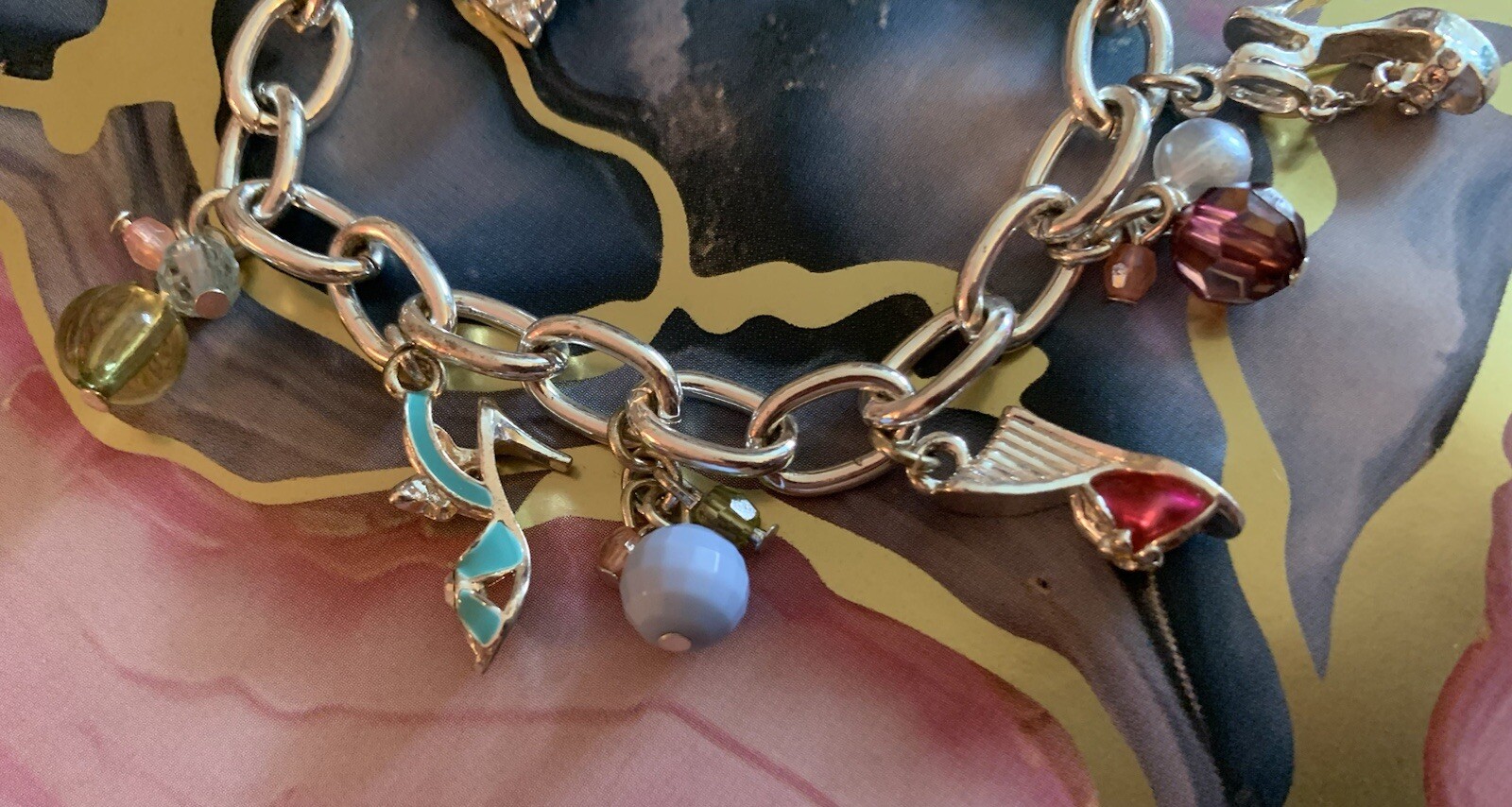 Handbag & High Heel Shoes Charm Bracelet, Silver Tone Beads Lobster Claw Chain gallery