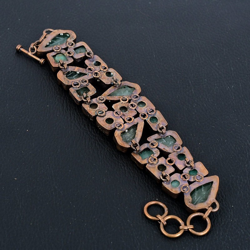 Carved Leaf Green Onyx Gemstone Handmade Copper Electroformed Bracelet Jewelry gallery