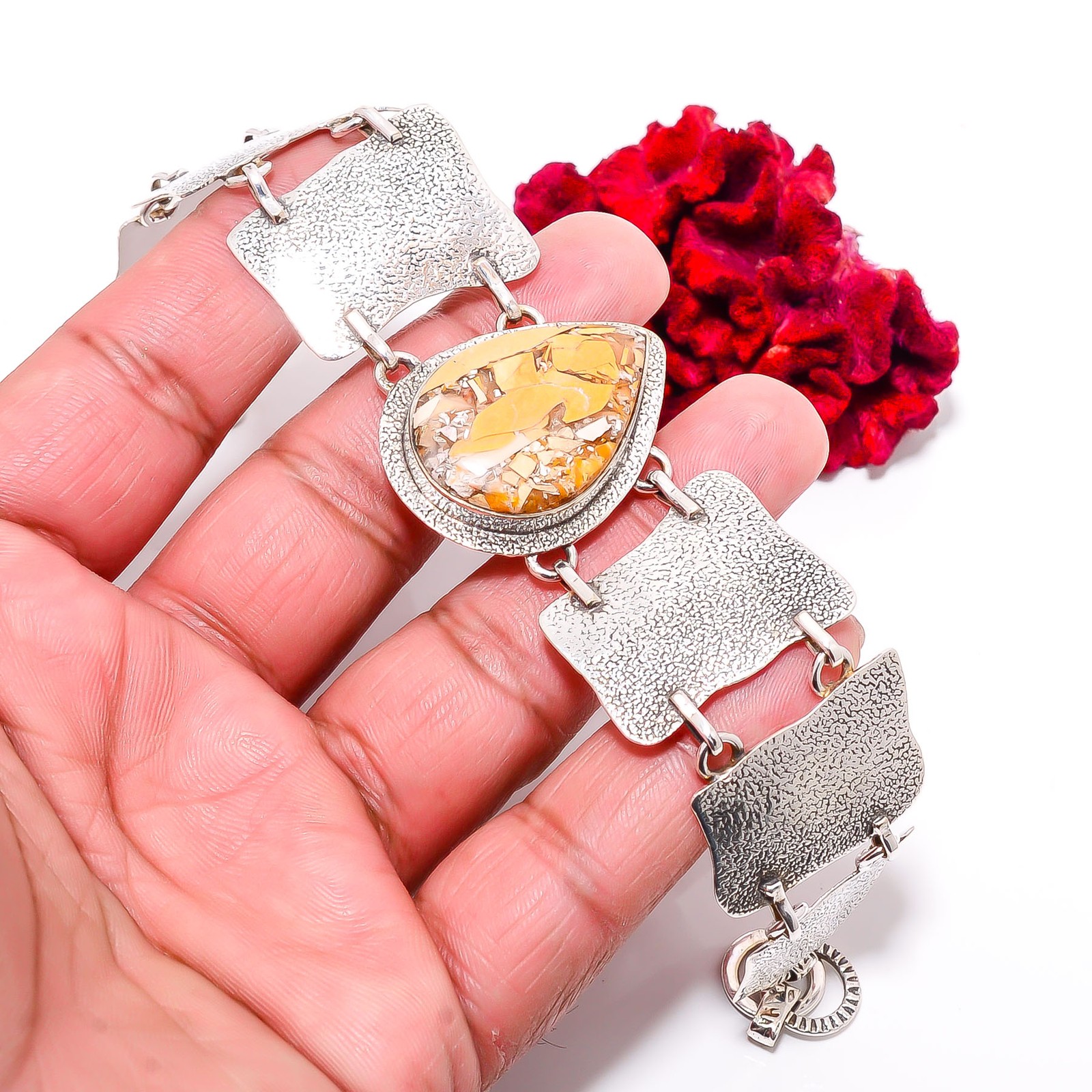 Brecciated Mookaite - Australia 925 Sterling Textured Silver Bracelet 8.99" B843 gallery