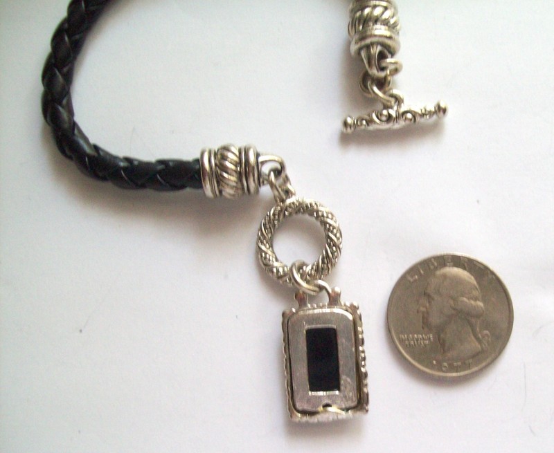 Black Leather Braided Bracelet w/Silver-Tone & Black Dangle Charm gallery