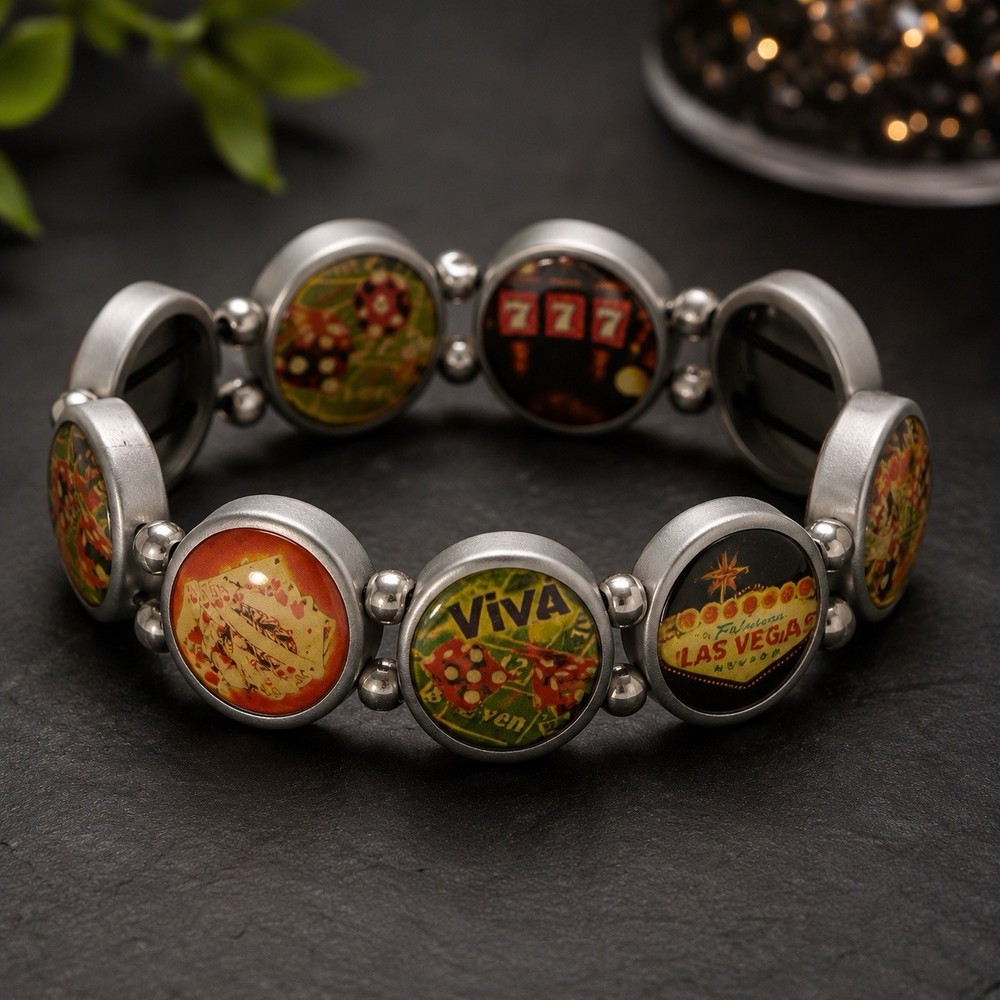Vintage Vivani Viva Las Vegas Casino Stretch Bracelet Dice Cards Slot Machine