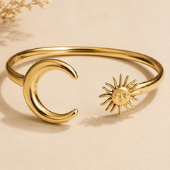 Gold Plated Celestial Sun & Crescent Moon Open Cuff Bracelet No Stone