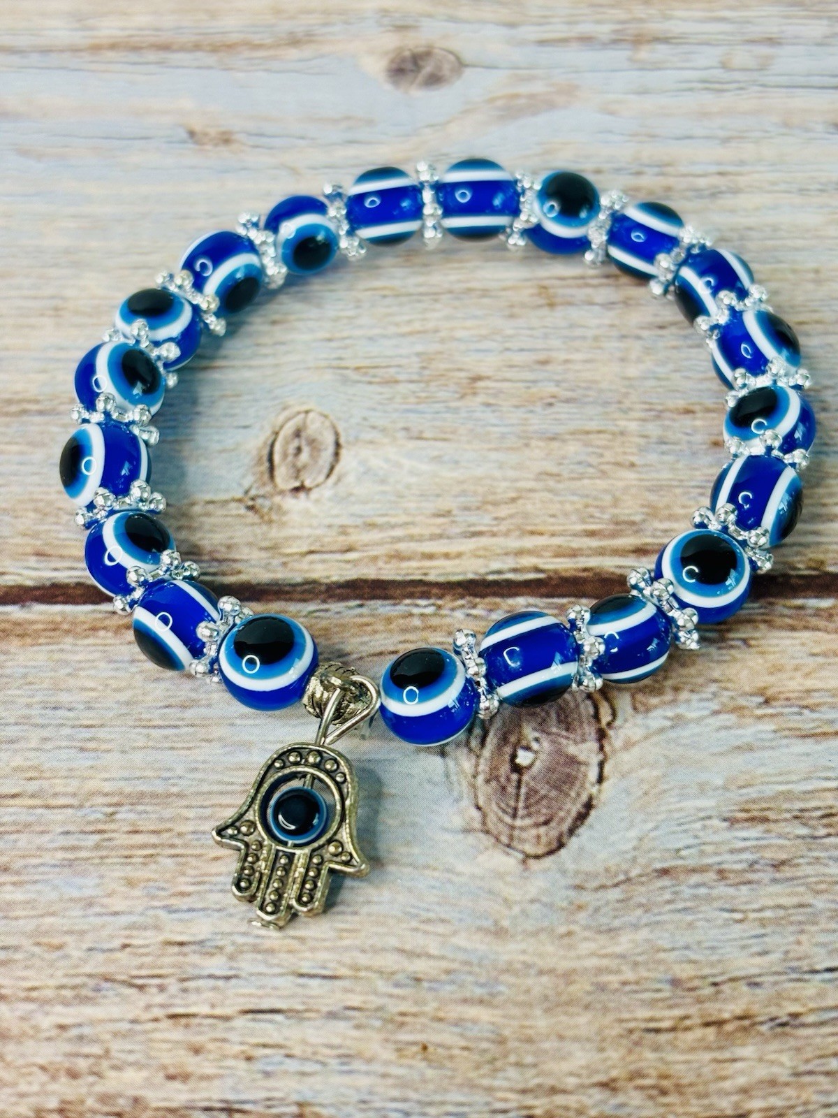 Evil Eye Blue Beaded Stretch Fashion Bracelet. Silver Tone One Size Fits Most gallery