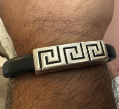 Men’s Genuine Leather Greek Key Bracelet Made in EU Silver Tone Fret Cuff