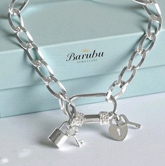 Silver Padlock & Key Bracelet, Adjustable Charm Carabiner Bracelets For Women