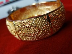 Hinged Bangel Bracelet Wide Gold Toned Elaborate Design
