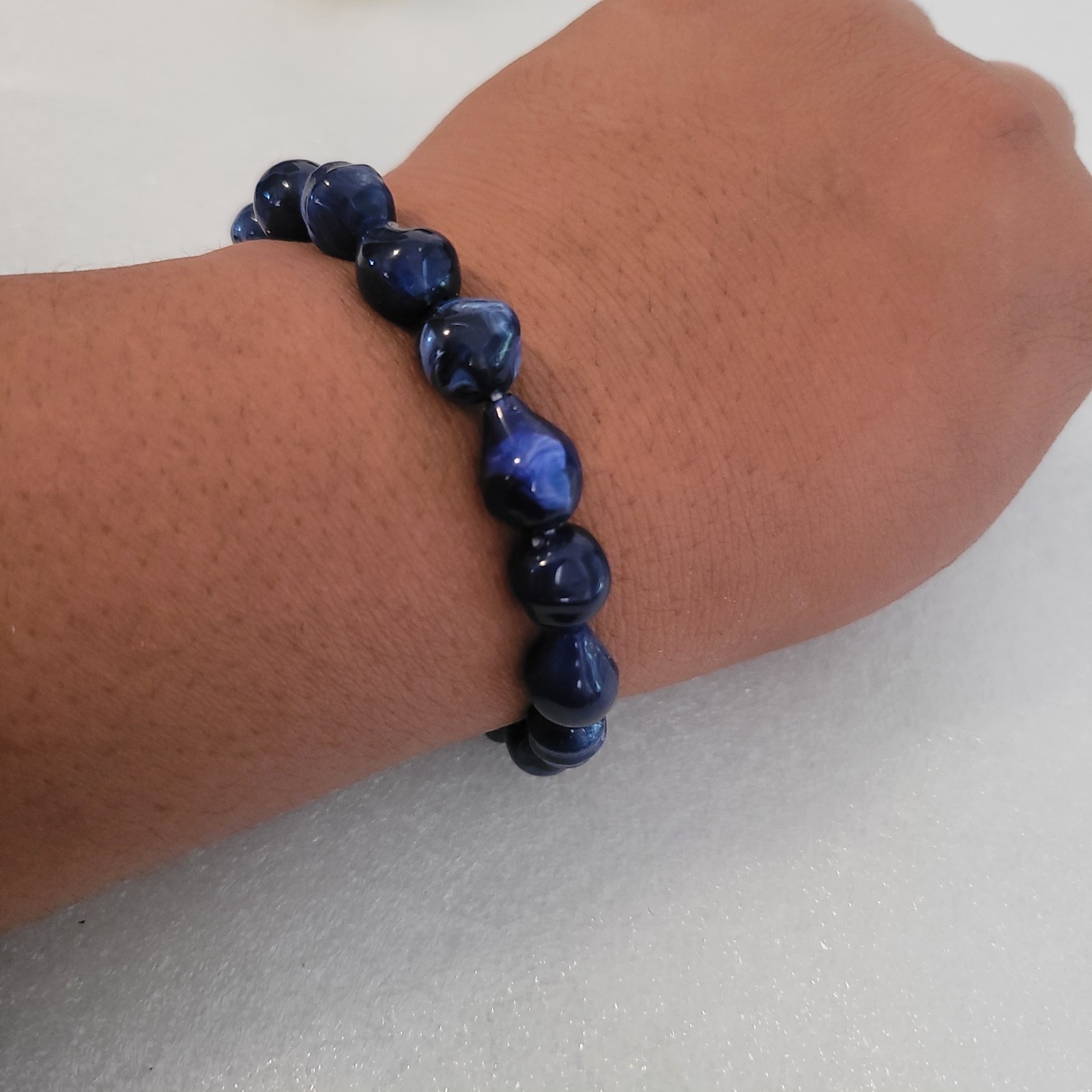 Blue Marbled Abstract Bead Stretch Bracelet Chunky Statement Art Jewelry Navy gallery