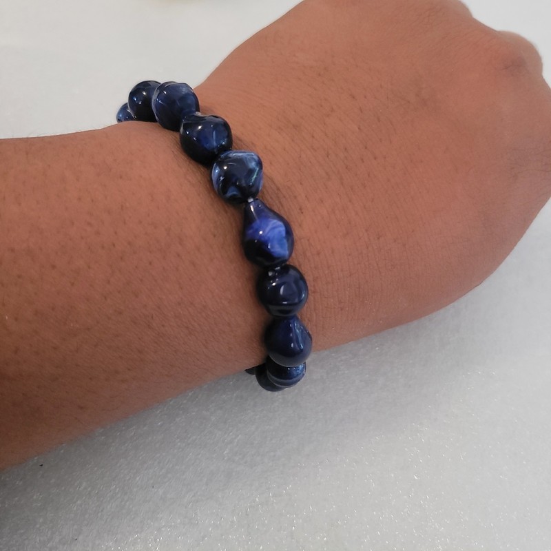 Blue Marbled Abstract Bead Stretch Bracelet Chunky Statement Art Jewelry Navy gallery