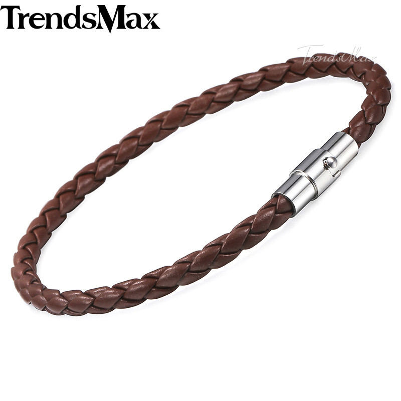 4mm Brown Man-made Braided Leather Rope Bracelet with Magnetic Clasp Wristband gallery