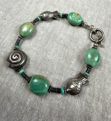 Green Turquoise & Sterling Silver Fish & Shell Beads Handmade Toggle 7″-7.5″