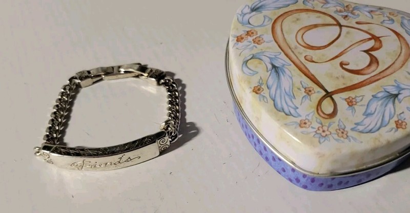 Brighton FRIENDS Silver Scrolled Curved ID Thick Chain Bracelet, Xtra Link, EUC gallery