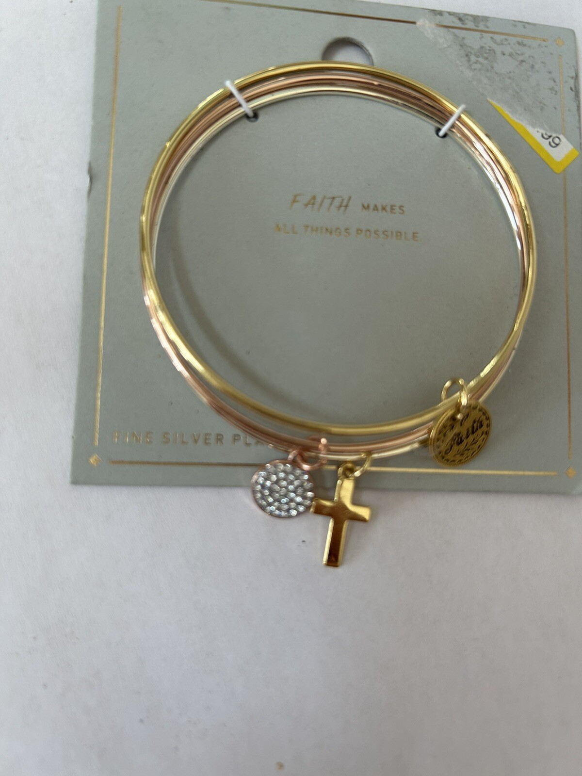 Faith Tri Tone Bangle Bracelet Set Fine Silver Plated Bling Charm Cross New $20 gallery