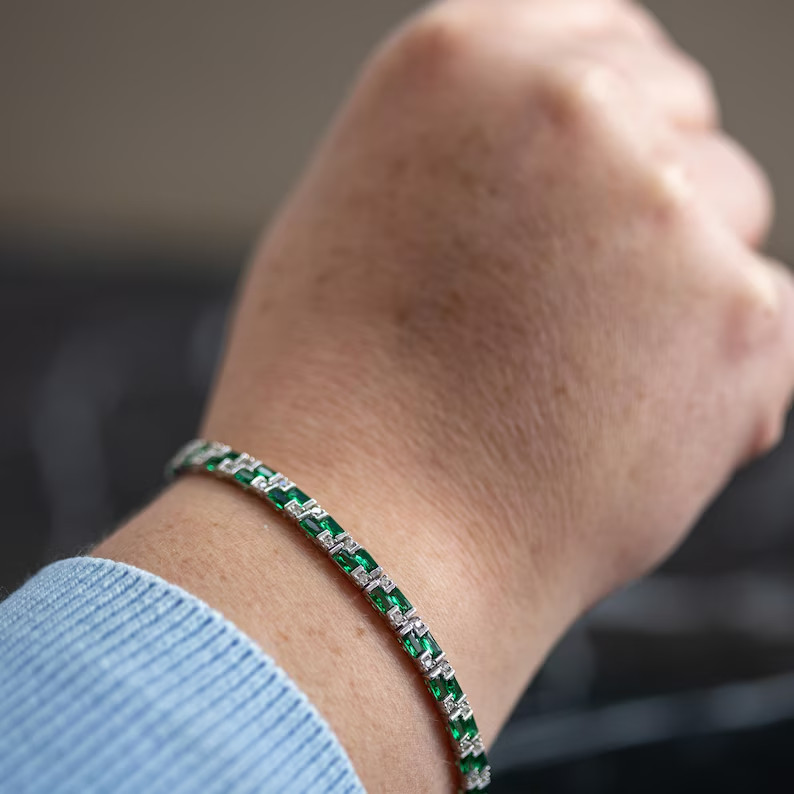 8.70 CT Baguette Simulated Emerald Elegant Tennis Bracelet 14k White Gold Plated gallery
