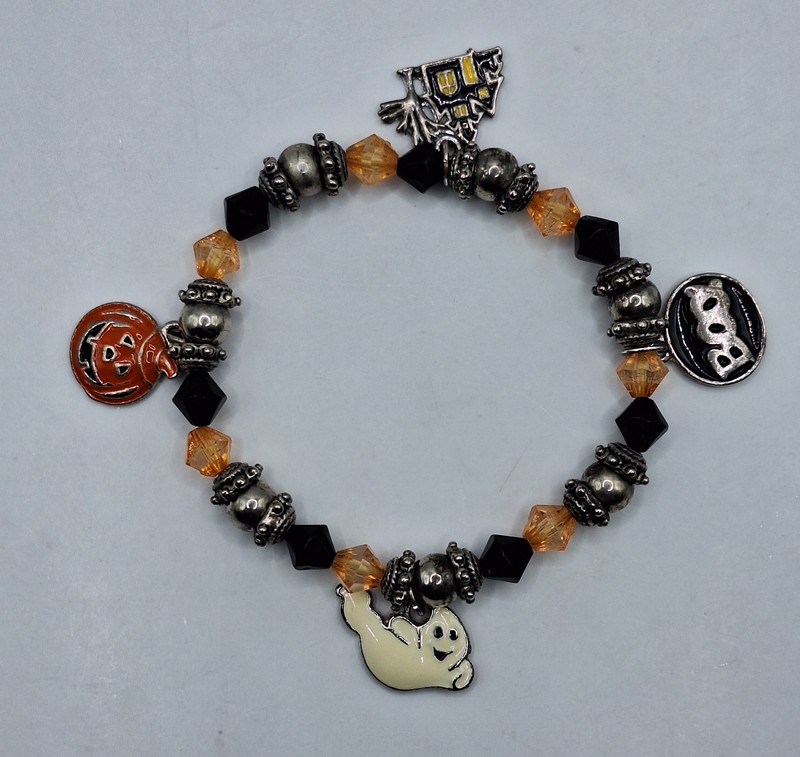 Halloween Beaded Stretch Bracelet With Charms Ghost Haunted House Boo Pumpkin gallery