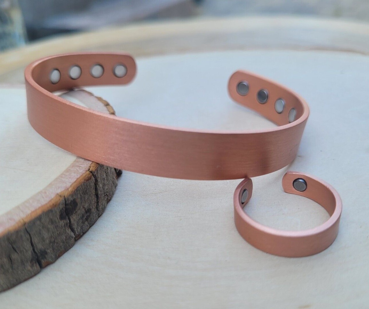 Matte Solid Copper Magnetic Engravable Bracelet Ring Set Arthritis Cuff Ring Set gallery