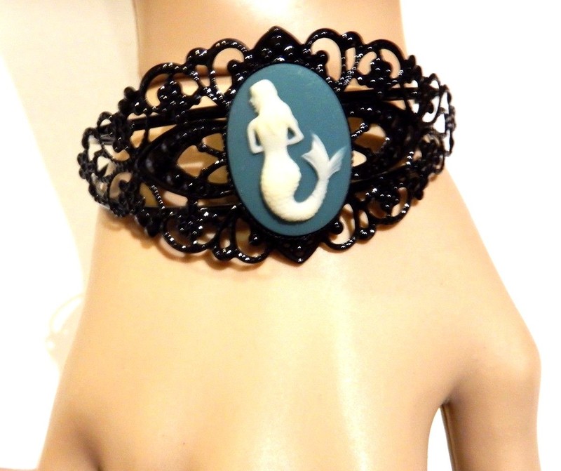 BLACK METAL MERMAID CAMEO FILIGREE BANGLE painted bracelet teal cuff R3 gallery