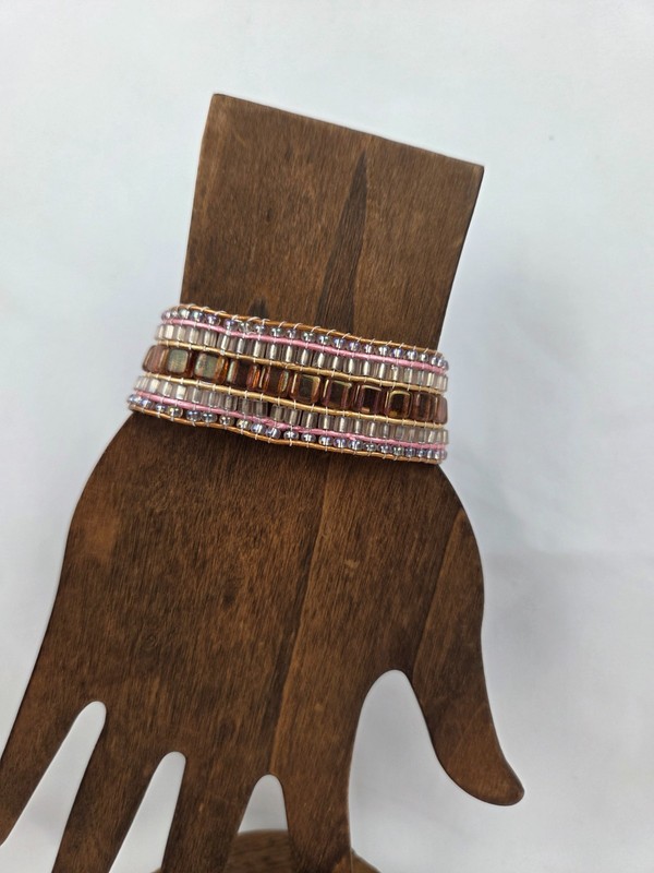 Beaded Bracelet 6 1/2" Pink and Brown with Floral Button Closure Flower Dangles gallery